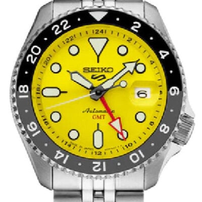 Seiko 5 Sport SKX GMT US Special Creation Automatic Yellow Dial Silver Steel Strap Watch for Men - SSK017K1